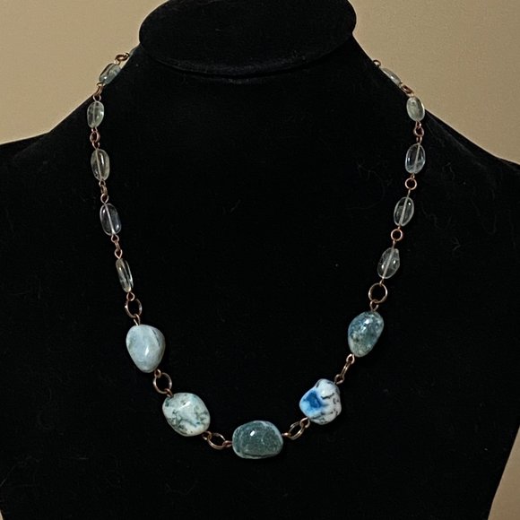 Rustic Agate & Fluorite Copper Necklace, Genuine Green Tumbled Gemstone - Picture 3 of 12